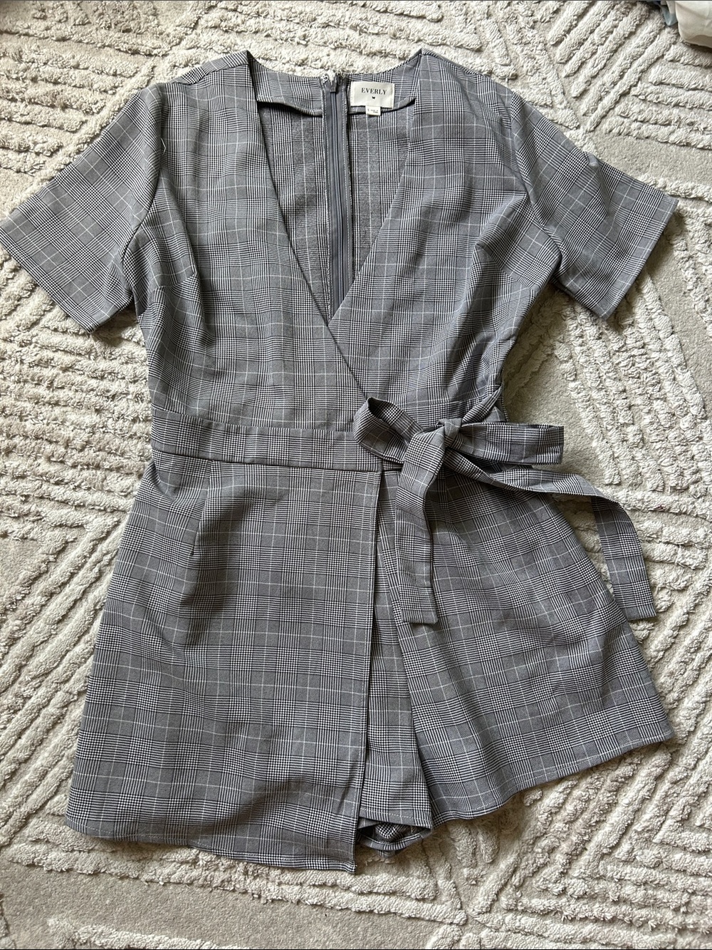 Everly Gray Plaid Wrap Romper with Waist Tie